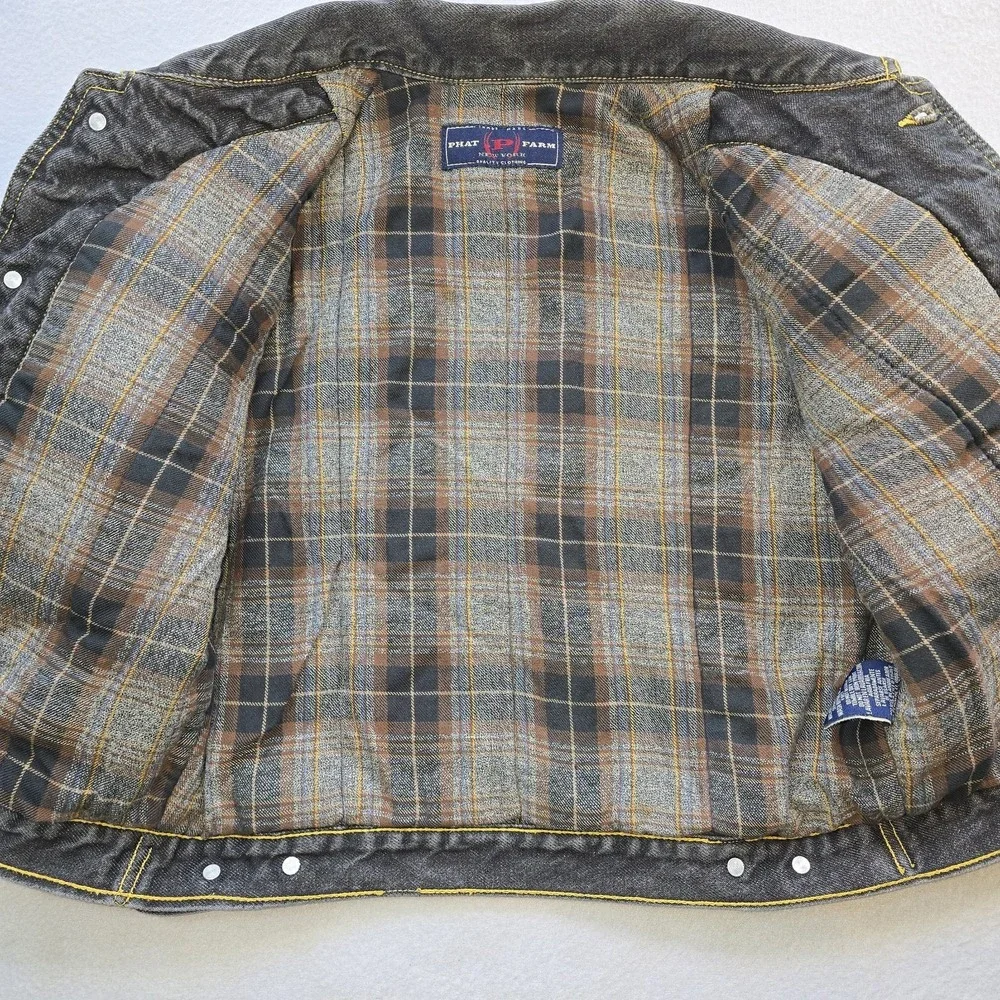 Vintage Phat Farm Kids Denim Jacket Size 7 Y2K Black Plaid Lined Bull Streetwear